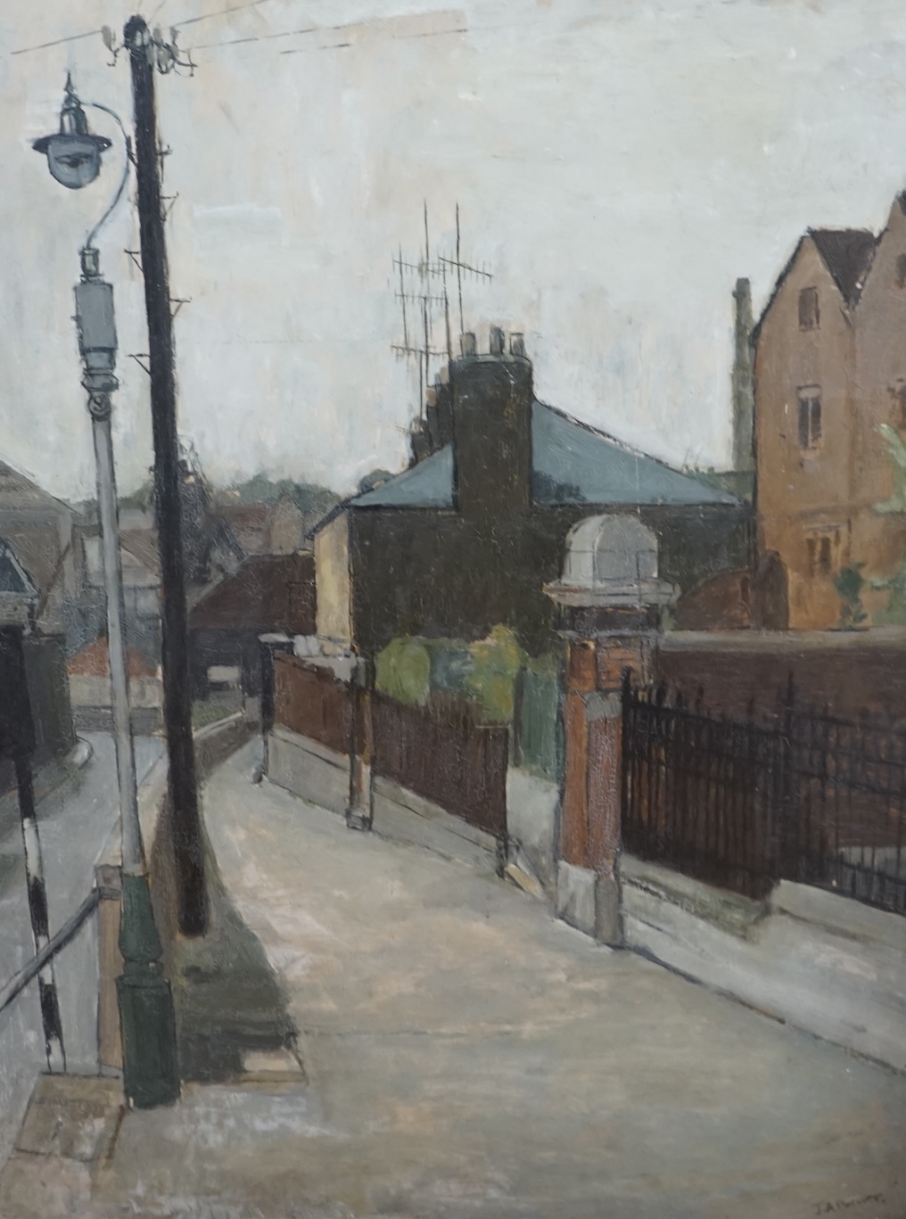 J.A. Brewer (20th. C), oil on board, Northern street scene with gas lamp, signed, 80 x 60cm. Condition - fair to good